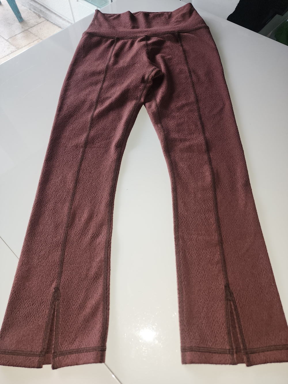 High-Waisted Ribbed Front-Split Flare Pants in Rust Brown